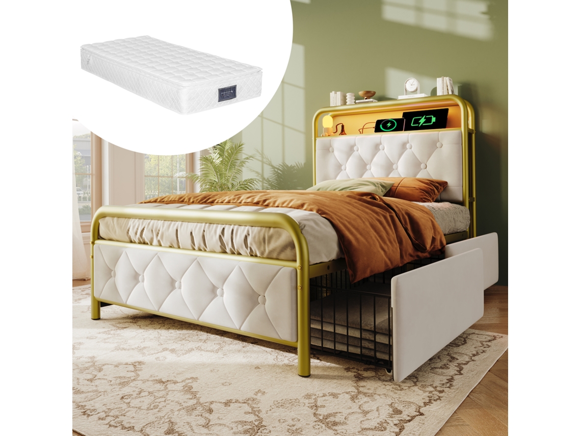 Cama Solteiro 90x200 Com Usb-c App Led 2 Gavetas Colchão Polsterbett