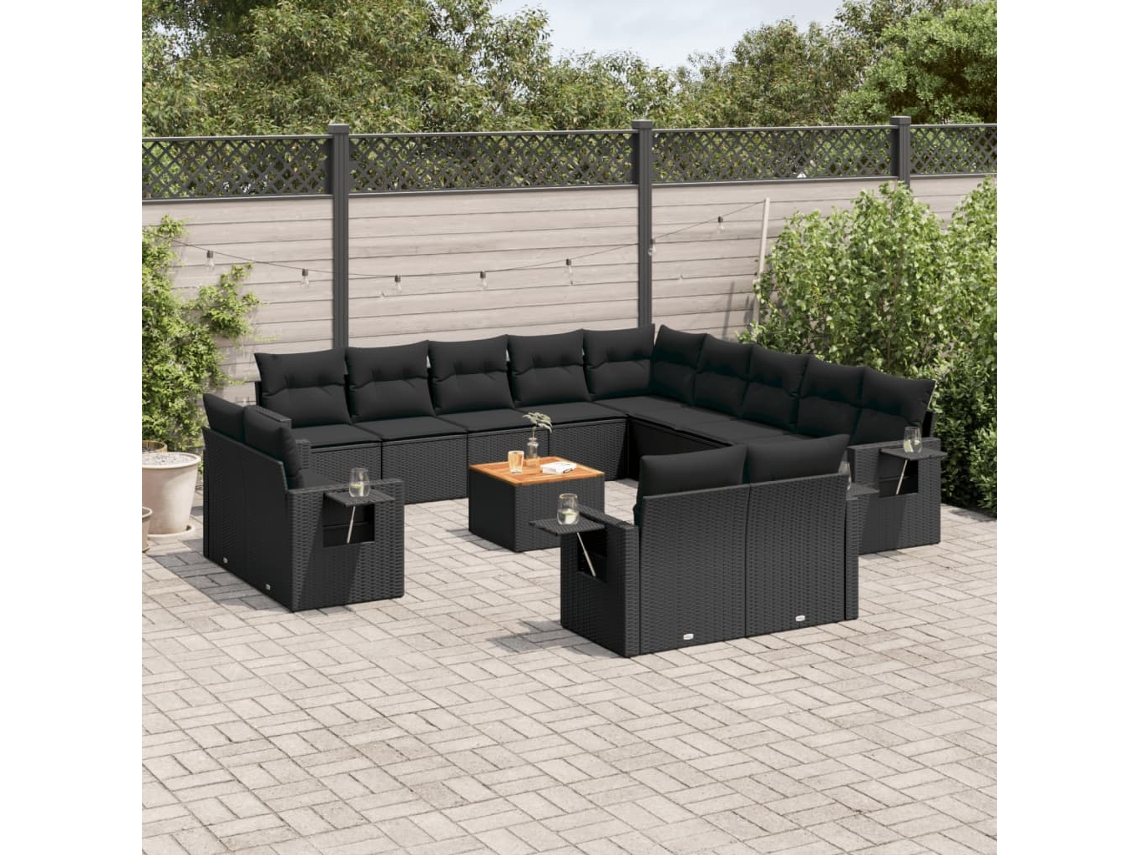 Vidaxl 14 Pcs Conjunto De Sofás P/ Jardim C/ Almofadões Vime Pe Preto