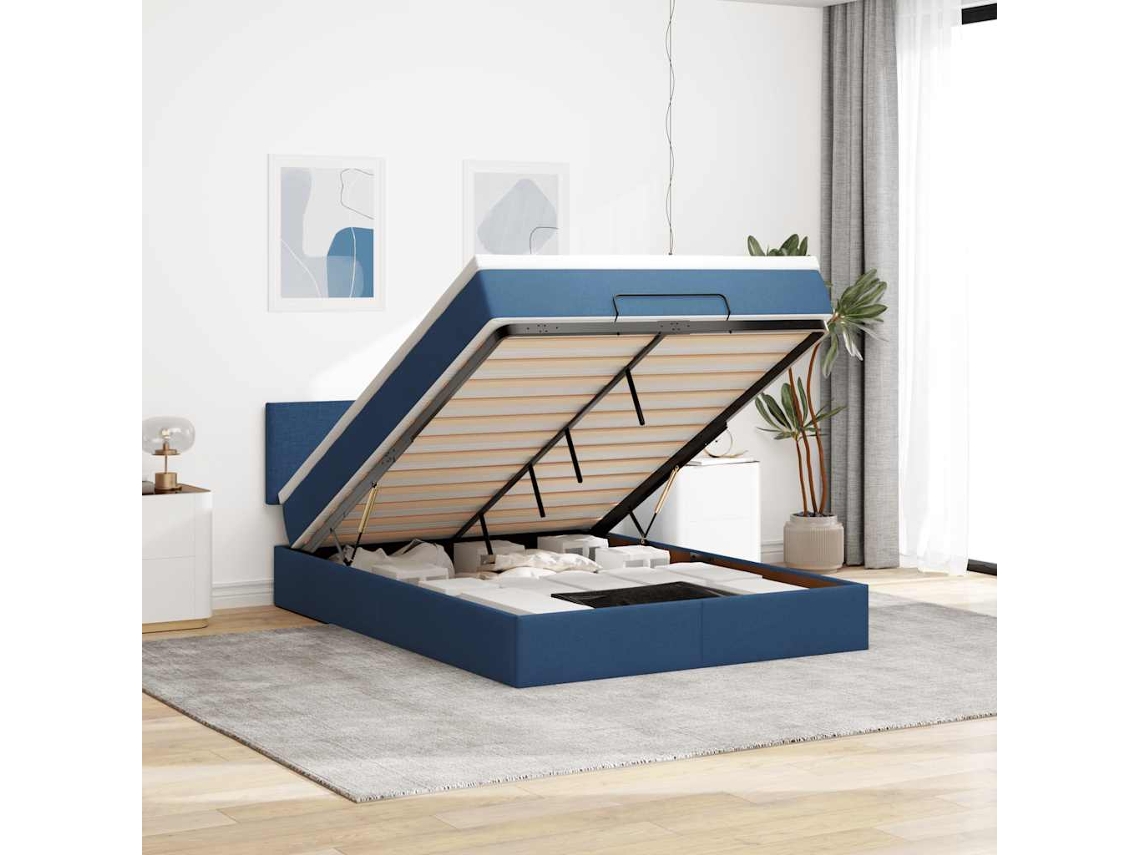 Vidaxl Estrutura De Cama Otomana Com Colchão Tecido Azul 140x200cm