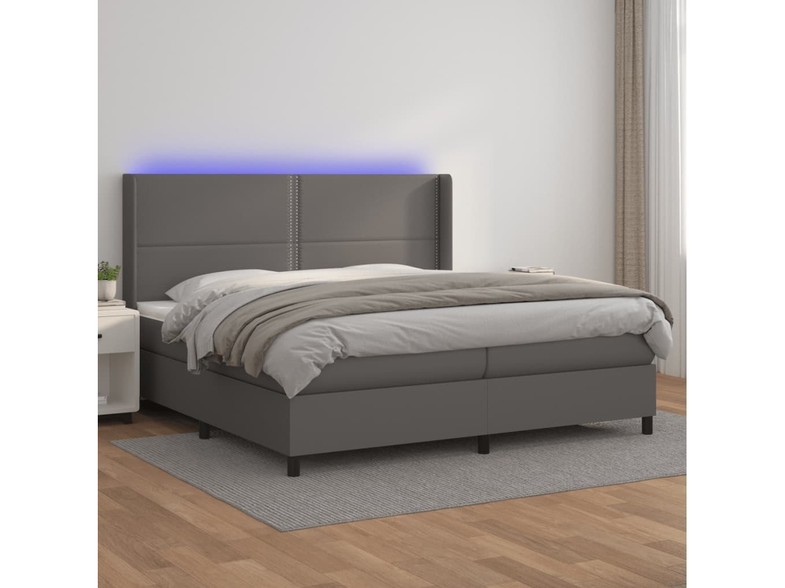 Vidaxl Cama Box Spring C/ Colchão/led 200x200cm Couro Artificial Cinza