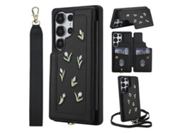Capa Para Samsung Galaxy S25 Ultra Com Estampa De Tulipas Bordadas, Couro Sintético, Porta-cartões, Capa Traseira Com Alça De Ombro E Pulseira Preta