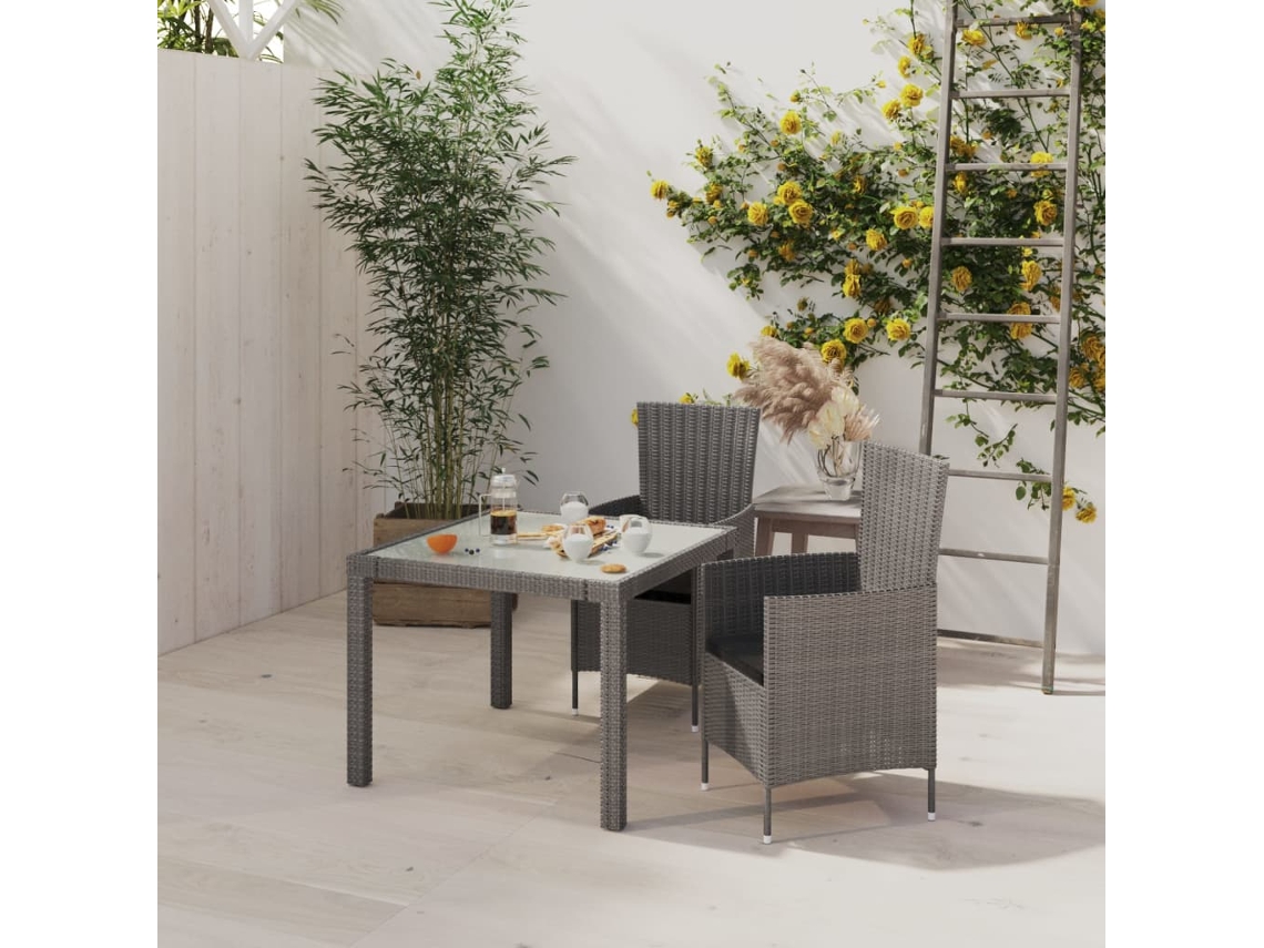 Vidaxl Conjunto Jantar P/ Exterior Com Almofadões 3 Pcs Vime Cinzento