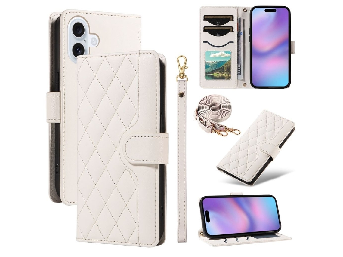 Capa Carteira Para Iphone 17 Em Couro Pu Com Estampa De Losangos E Alça - Branca