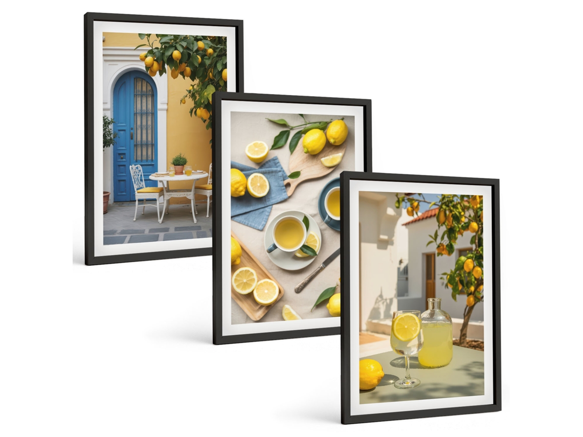 Composição De Quadros Na Parede Limões, Limonada, Portas Azuis Moldura Preta Quadros Para O Escritório Espelharte (3 Piezas De 40x60 Cm)