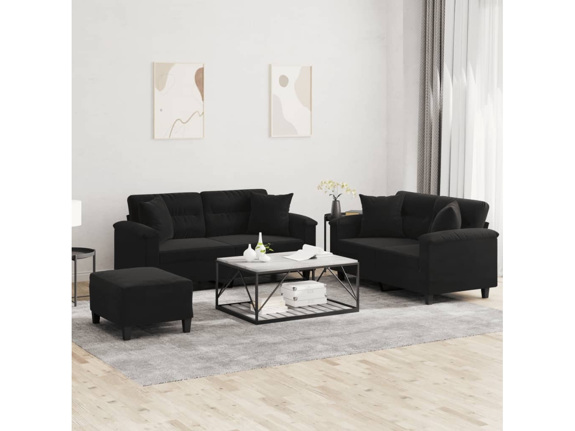 Vidaxl 3 Pcs Conjunto Sofás C/ Almofadas Tecido De Microfibra Preto