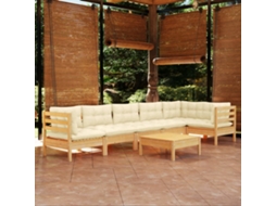Vidaxl 7 Pcs Conjunto Lounge De Jardim C/ Almofadões Cor Creme Pinho