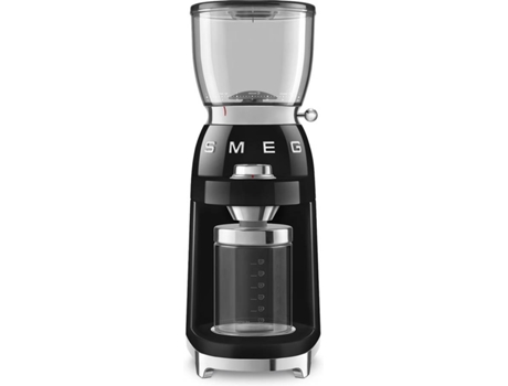 Moinho de Café SMEG CGF01BLEU (Capacidade: 130 g - 150 W - Preto) — Moinho de café com moinho cónico. 30 níveis de moagem. 8 Funções. e 1 Função Manual. Sistema anti estático. Funil com capacidade para 350 gr. Com sistema Twist&Lock. Jarro para 150 gr. Café moído