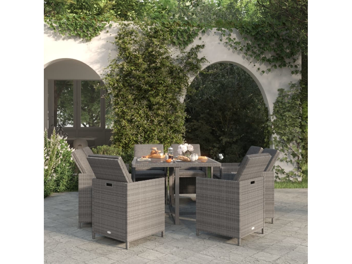 Vidaxl 9 Pcs Conjunto Jantar P/ Jardim C/ Almofadões Vime Pe Cinzento