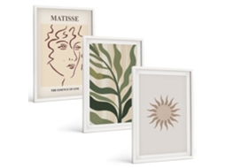 Conjunto De Pinturas Planta Abstrata Padrões Moldura Branca Quadros Para O Escritório Espelharte (3 Piezas De 40x60 Cm)