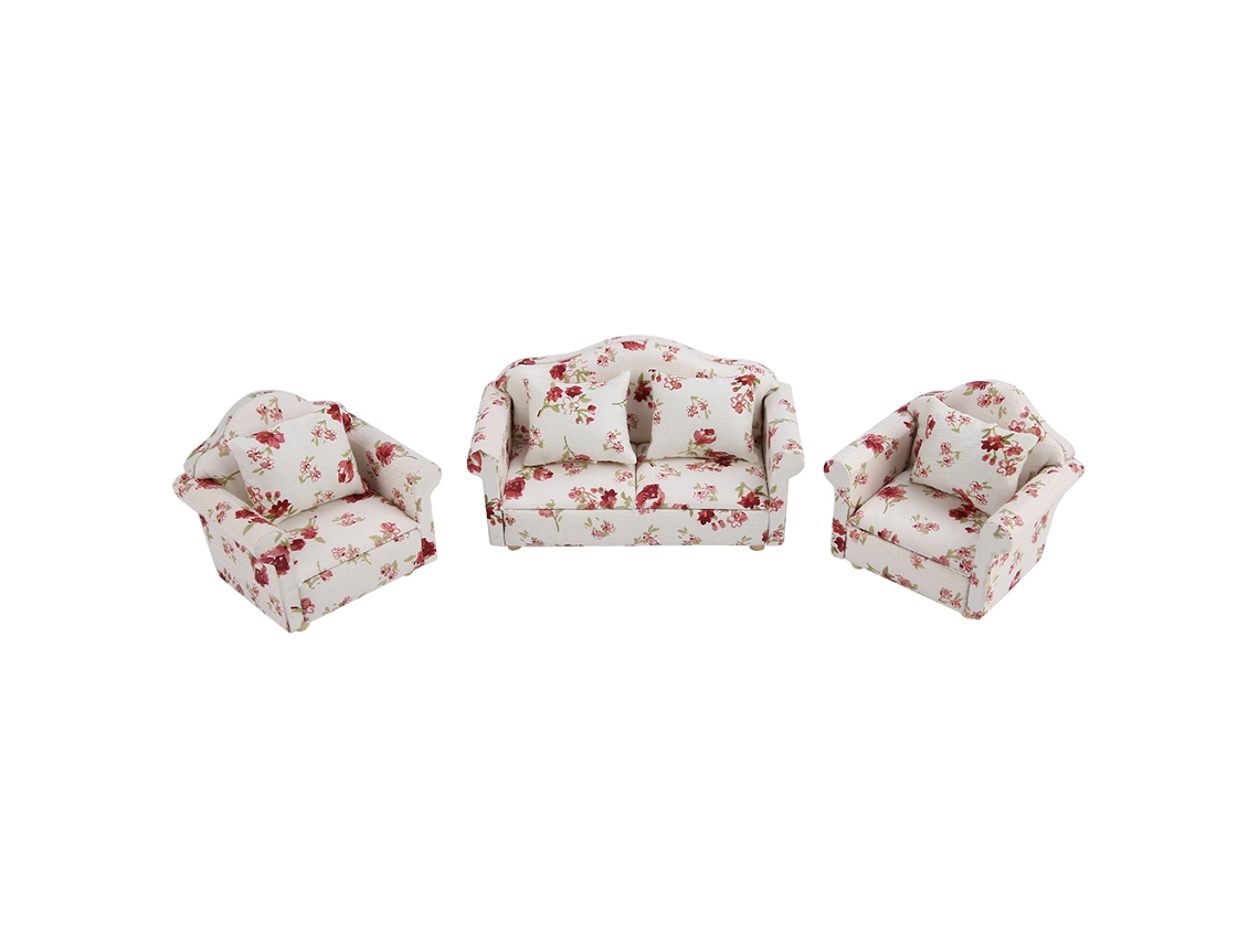 Mali acessórios Casa Boneca Sofá Mini Conjunto Padrão Flor Escala 1/12 com Almofadas 1