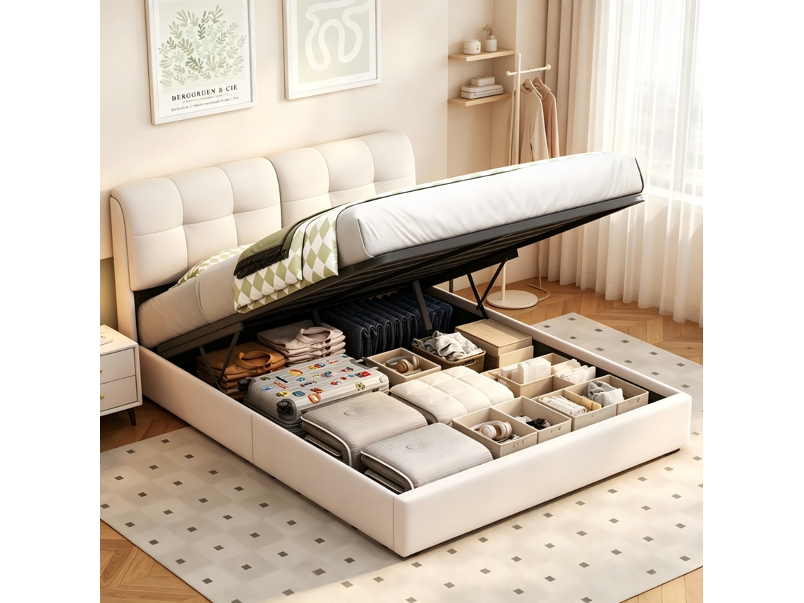 Cama Estofada 140x200 Cm Veludo Bege Creme, Caixa Hidráulica, Luzes Led Rgb, Ficha Europeia, Sem Colchão