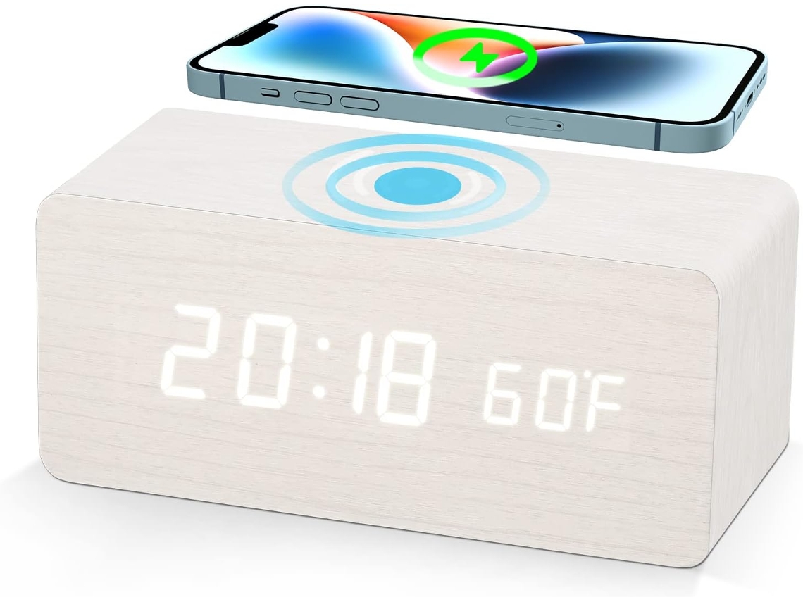 Despertador De Madeira, Relógio De Mesa Eletrônico Digital Led Com Data/temperatura E Umidade, Controle Por Voz E Carregador Sem F Slowmoose