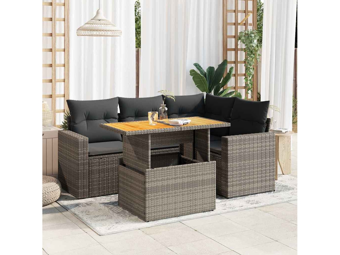 Vidaxl 5 Pcs Conjunto Sofás De Jardim C/ Almofadões Vime Pe Cinzento