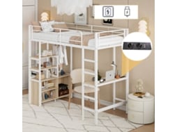 Cama Alta, 90*200cm, Sem Colchão, Com Escrivaninha, Tomada Elétrica E Porta USB, Várias Prateleiras E Armário Aberto.