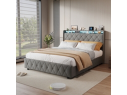 Cama De Casal 160x200cm, Com 4 Gavetas, Estofada Com Led E Usb, Estrado De Ripas, Cama Funcional, Veludo, Cinzento, Sem Colchão