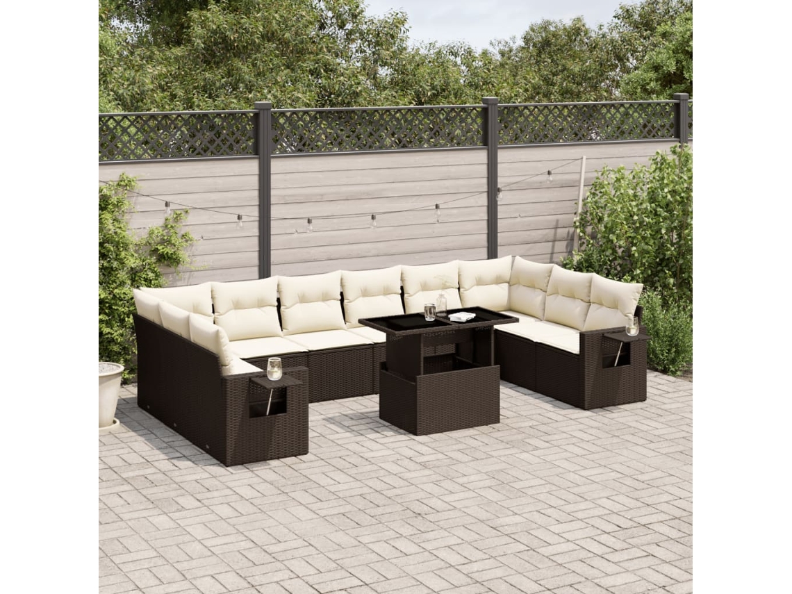 Vidaxl 11 Pcs Conjunto Sofás De Jardim C/ Almofadões Vime Pe Castanho