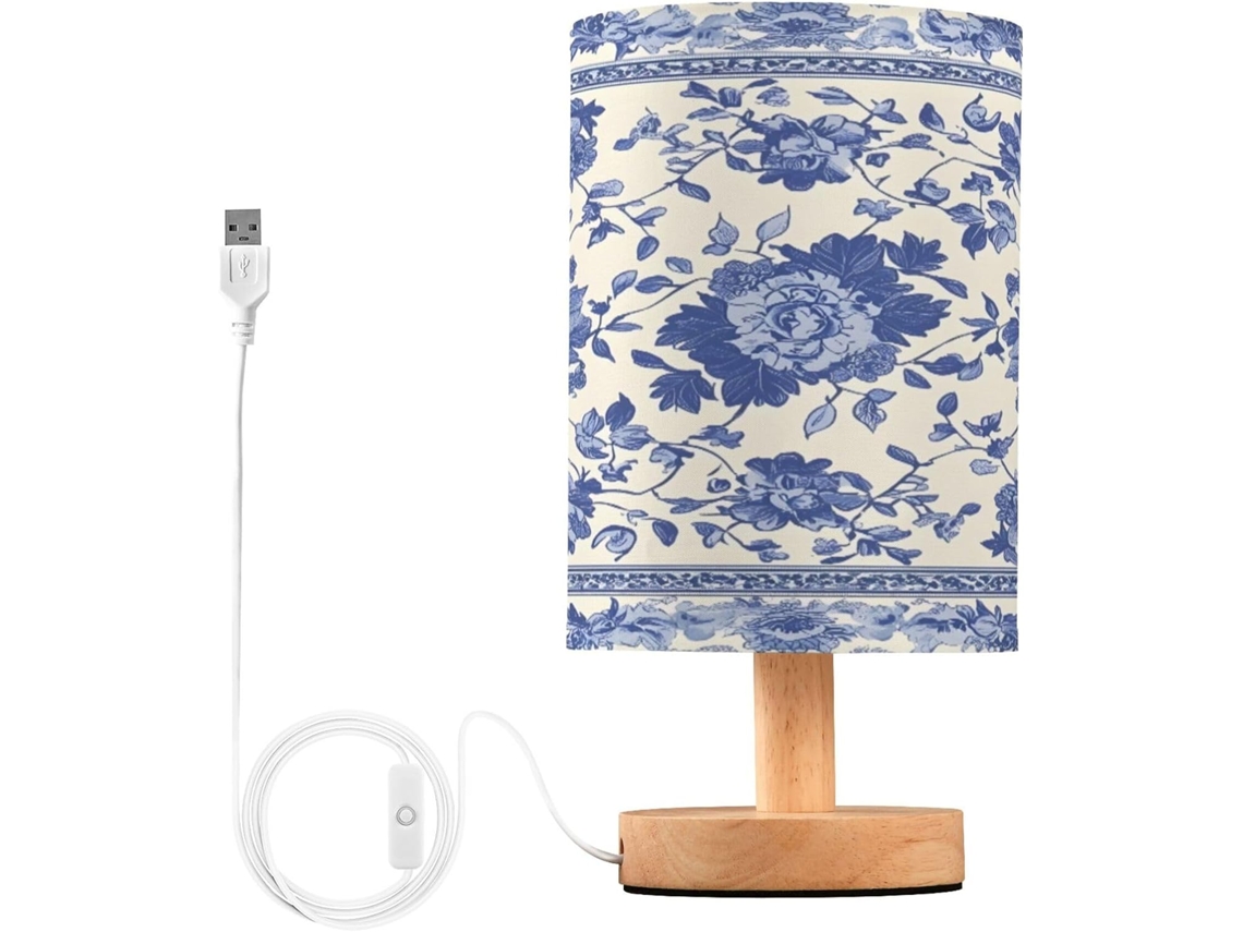 Abajur De Cabeceira Led Com Estampa Floral Azul E Branca, Ideal Para Quarto, Leitura Com Cúpula De Tecido, Base De