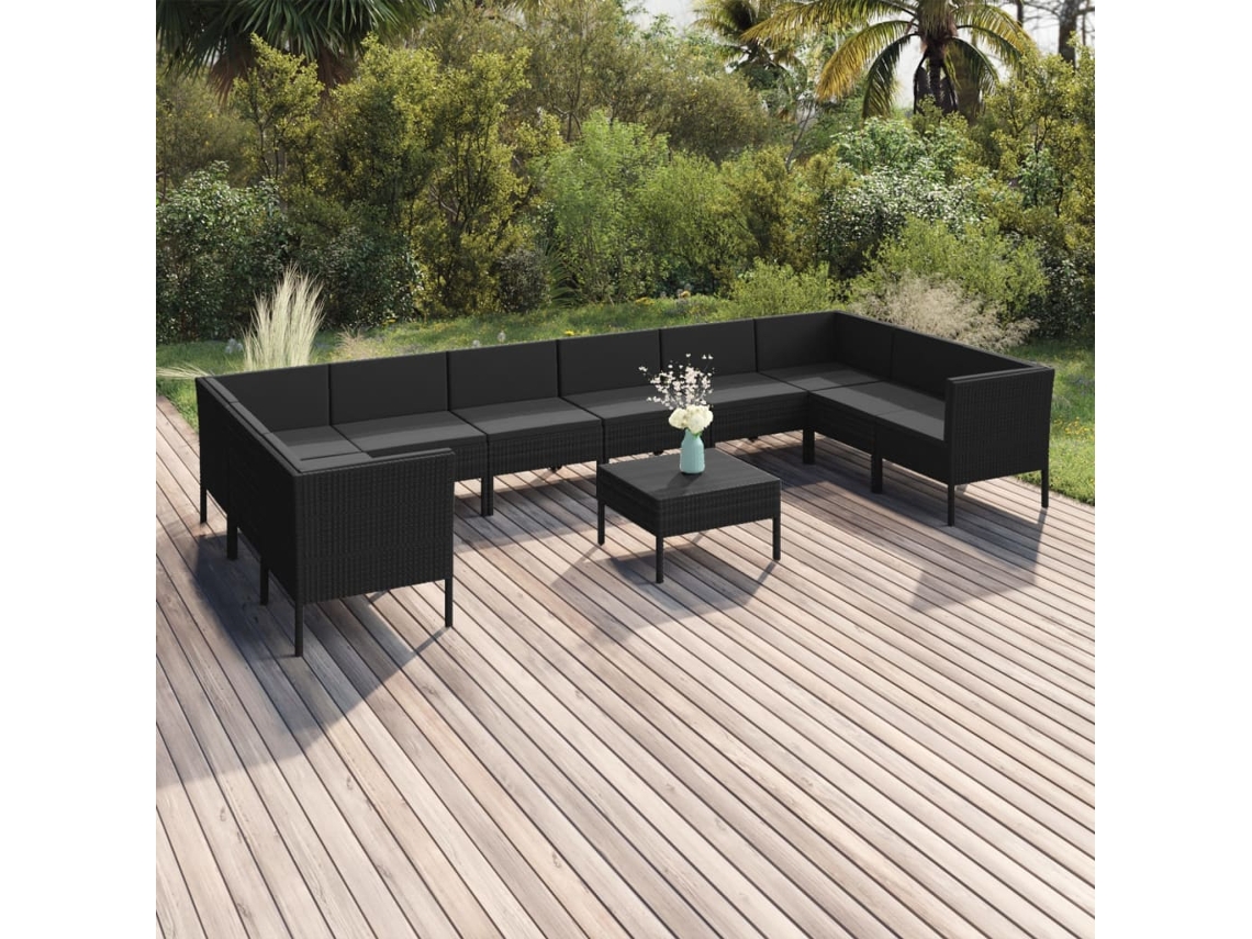 Vidaxl 11 Pcs Conjunto Lounge De Jardim C/ Almofadões Vime Pe Preto