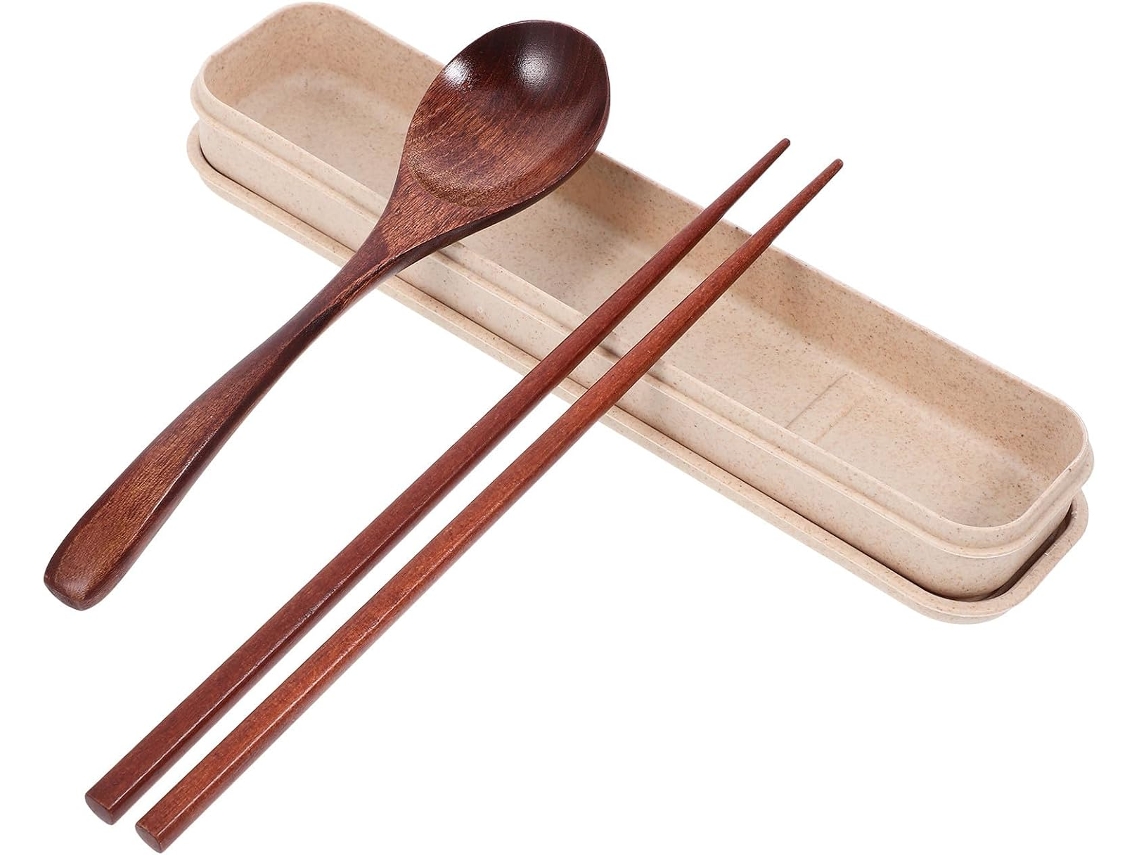 Kit de Talheres Reutilizáveis Inoomp com Colher e Pauzinhos de Madeira em Estilo Japonês, Talheres de Viagem Esculpidos CHABERLU