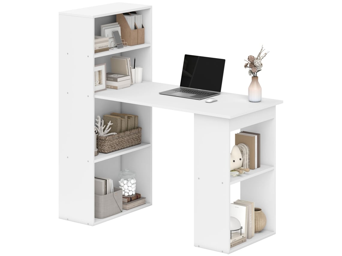 Mesa De Computador Homcom Com Espaço De Armazenamento, 6 Compartimentos Abertos, Ideal Para Quarto E Estúdio, 120 X 55 X 120 Cm, Branca.