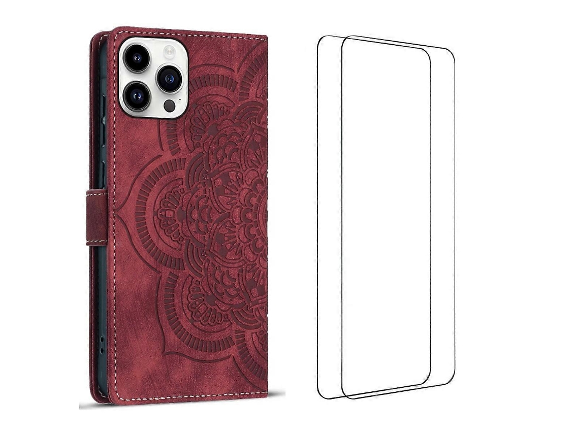 Capa Tkdaddy Para Iphone 15 Pro Com 2 Peças De Vidro Temperado Wanlonfeng Mtl Series Mandala Couro Capa De Celular Vermelha