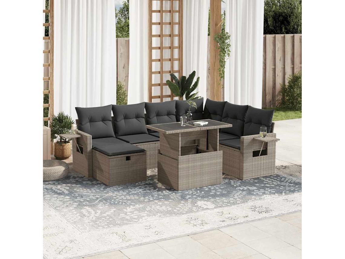 Vidaxl 8 Pcs Conj. Sofás Jardim C/ Almofadões Vime Pe Cinzento-claro