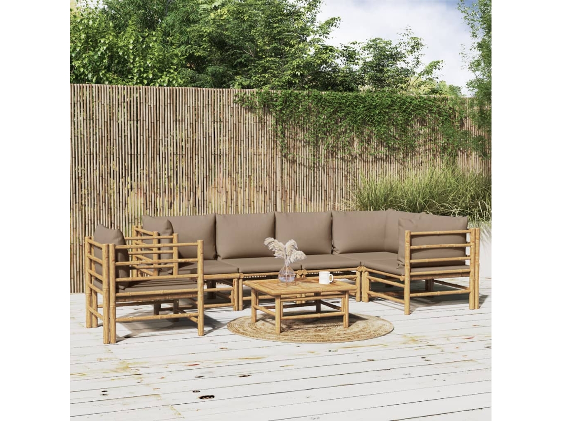 Vidaxl 7 Pcs Conj. Lounge Jardim Bambu C/ Almofadões Cinza-acastanhado
