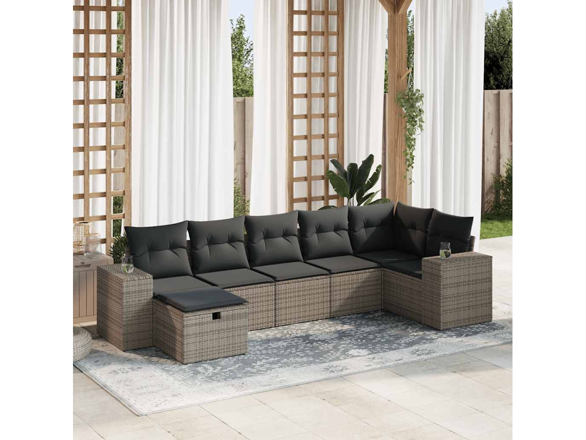 Vidaxl 7 Pcs Conjunto Sofás P/ Jardim C/ Almofadões Vime Pe Cinzento
