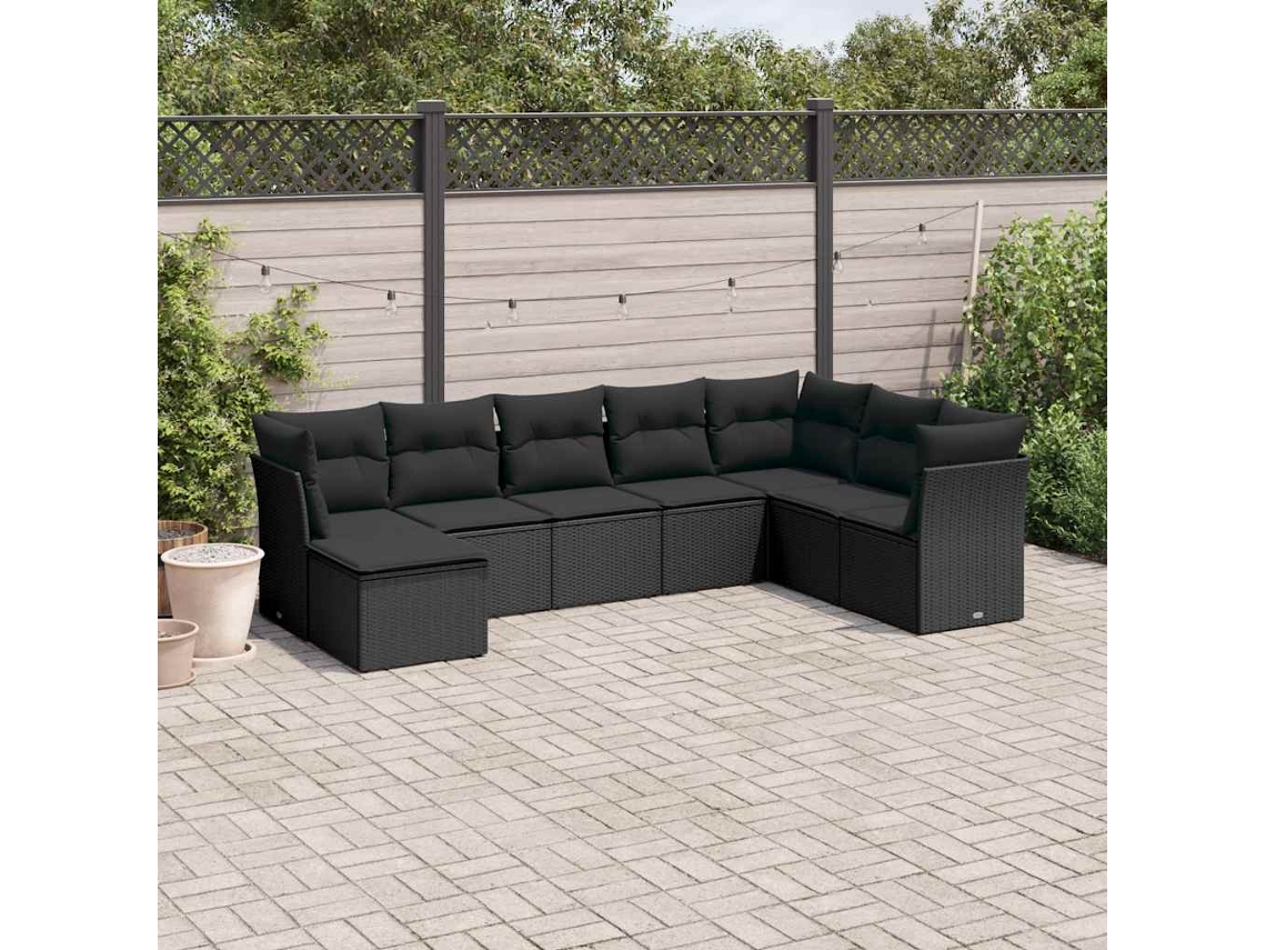 Vidaxl 8 Pcs Conjunto Sofás De Jardim Com Almofadões Vime Pe Preto