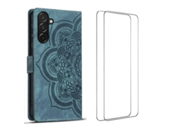 Capa Tkdaddy Para Samsung Galaxy S24 Com 2 Peças De Vidro Temperado Wanlonfeng Mtl Series Mandala Couro Capa De Celular Azul