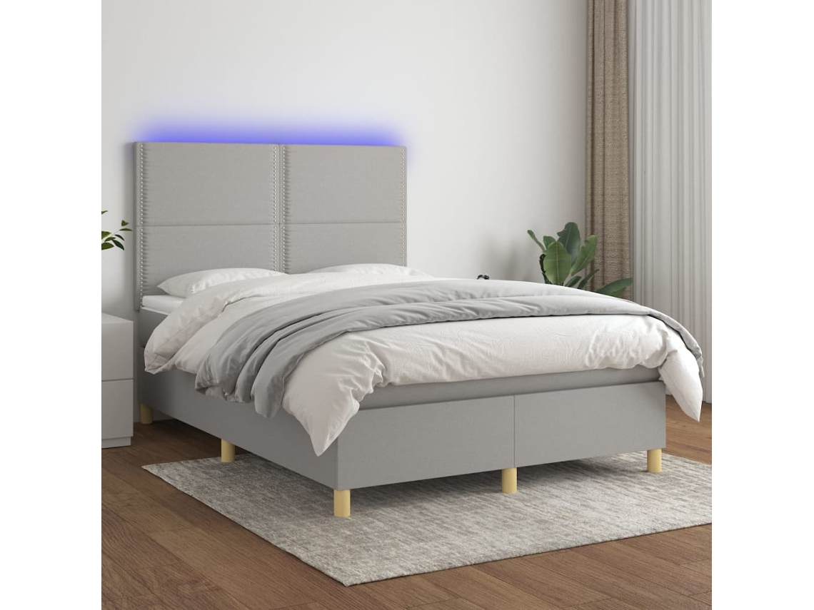 Cama Box Spring C/ Colchão E Led 140x200 Cm Tecido Cinza-claro