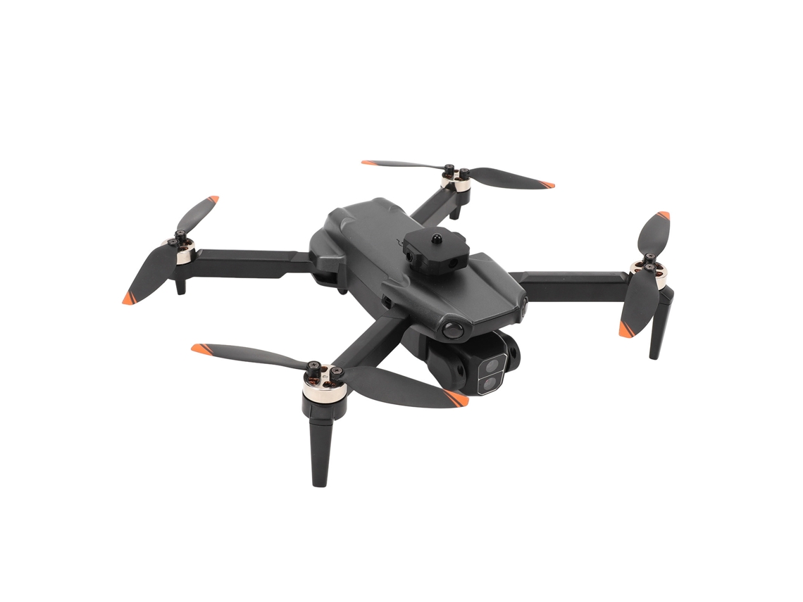 Drone quadricóptero profissional com motor brushless, câmera e função antiobstáculo, cor preta e dourada.