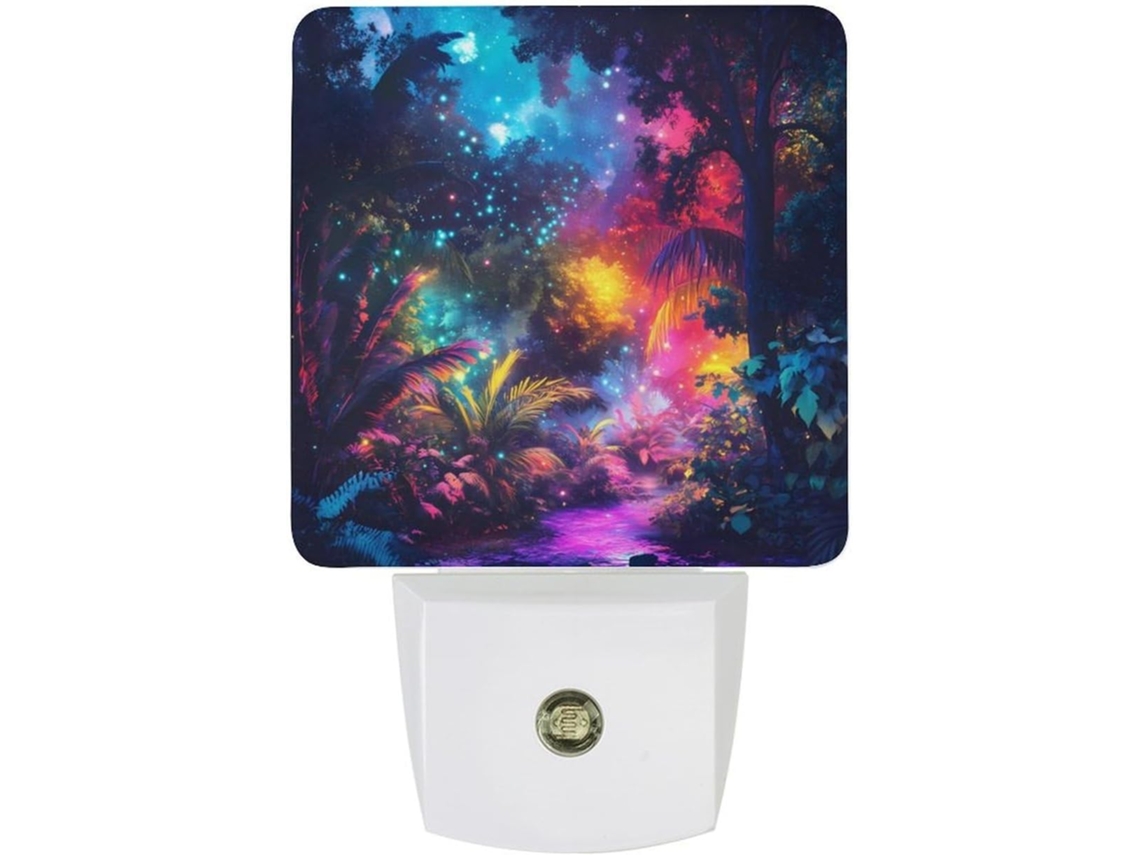 Luminária noturna LED com sensor crepuscular, representando uma floresta estrelada fantástica.