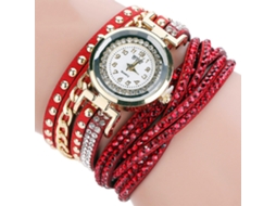 Relógio de Pulso Feminino Quartzo Camurça Multicamada com Strass e Rivet Vermelho