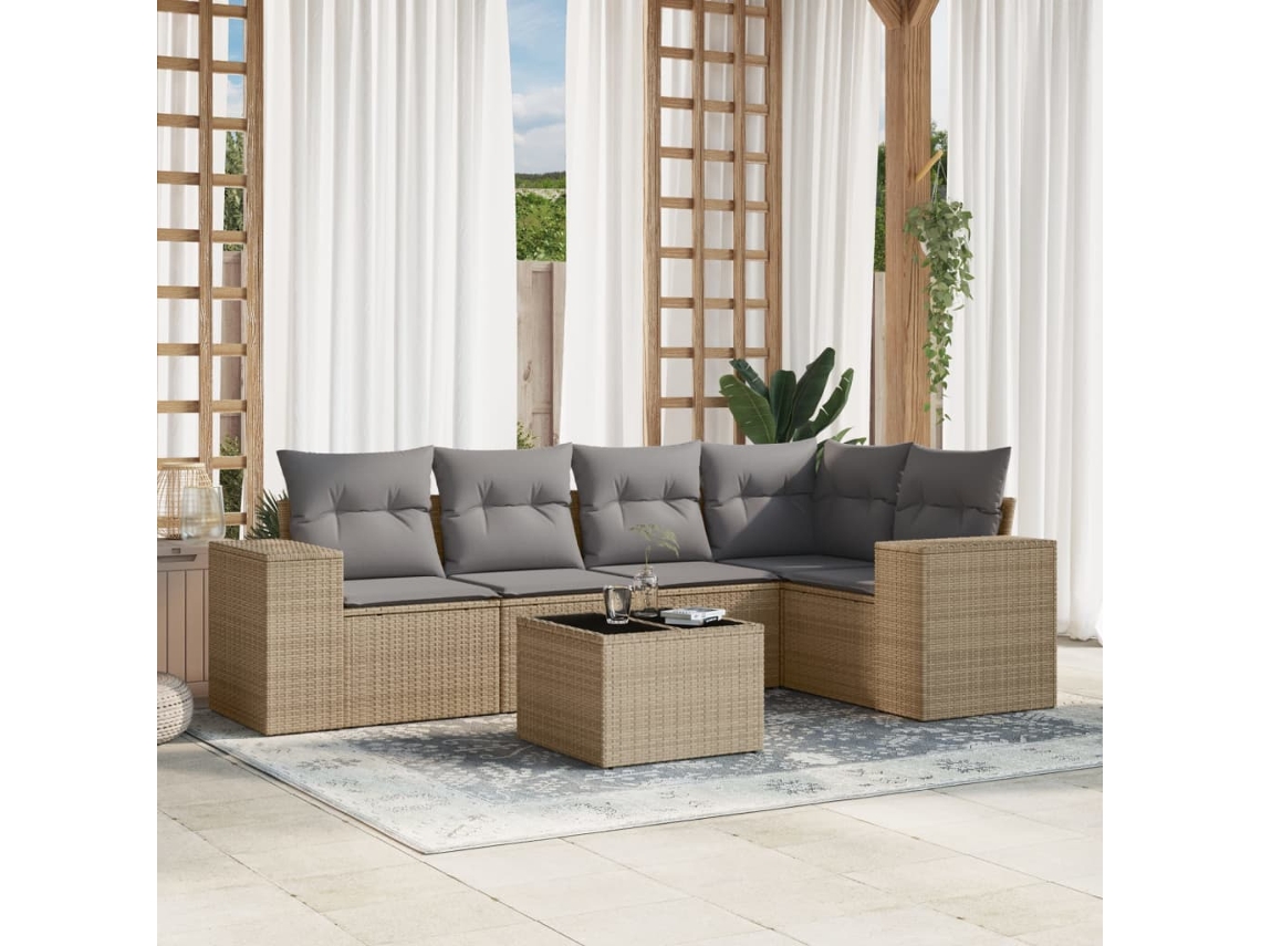 Vidaxl 6 Pcs Conjunto De Sofás P/ Jardim Com Almofadões Vime Pe Bege