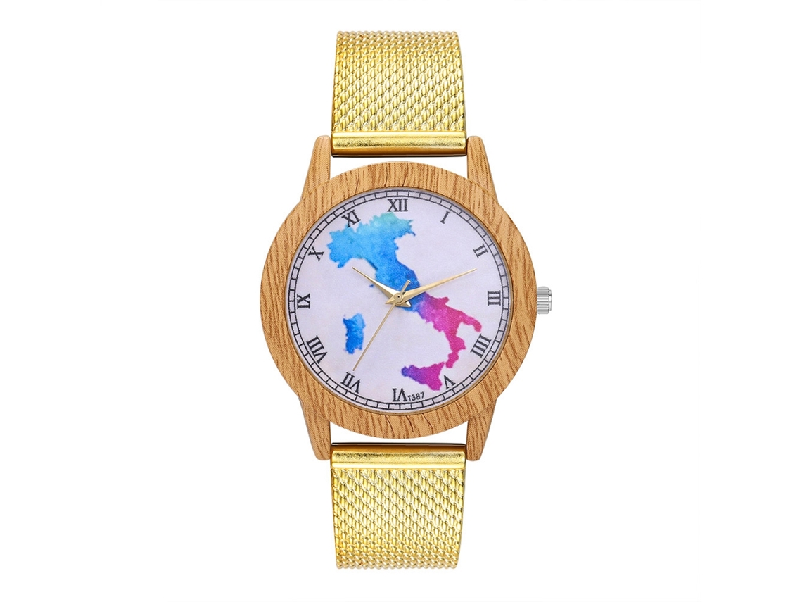 Relógio de quartzo unissex casual com pulseira de malha de aço, mostrador com mapa e numerais romanos, dourado Zhoulianfa
