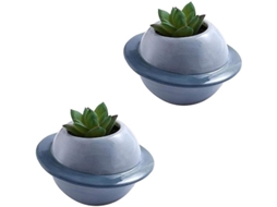 Set De 2 Macetas De Cerámica Para Suculentas Mini Planeta Decorativas Azules Interior Balcón