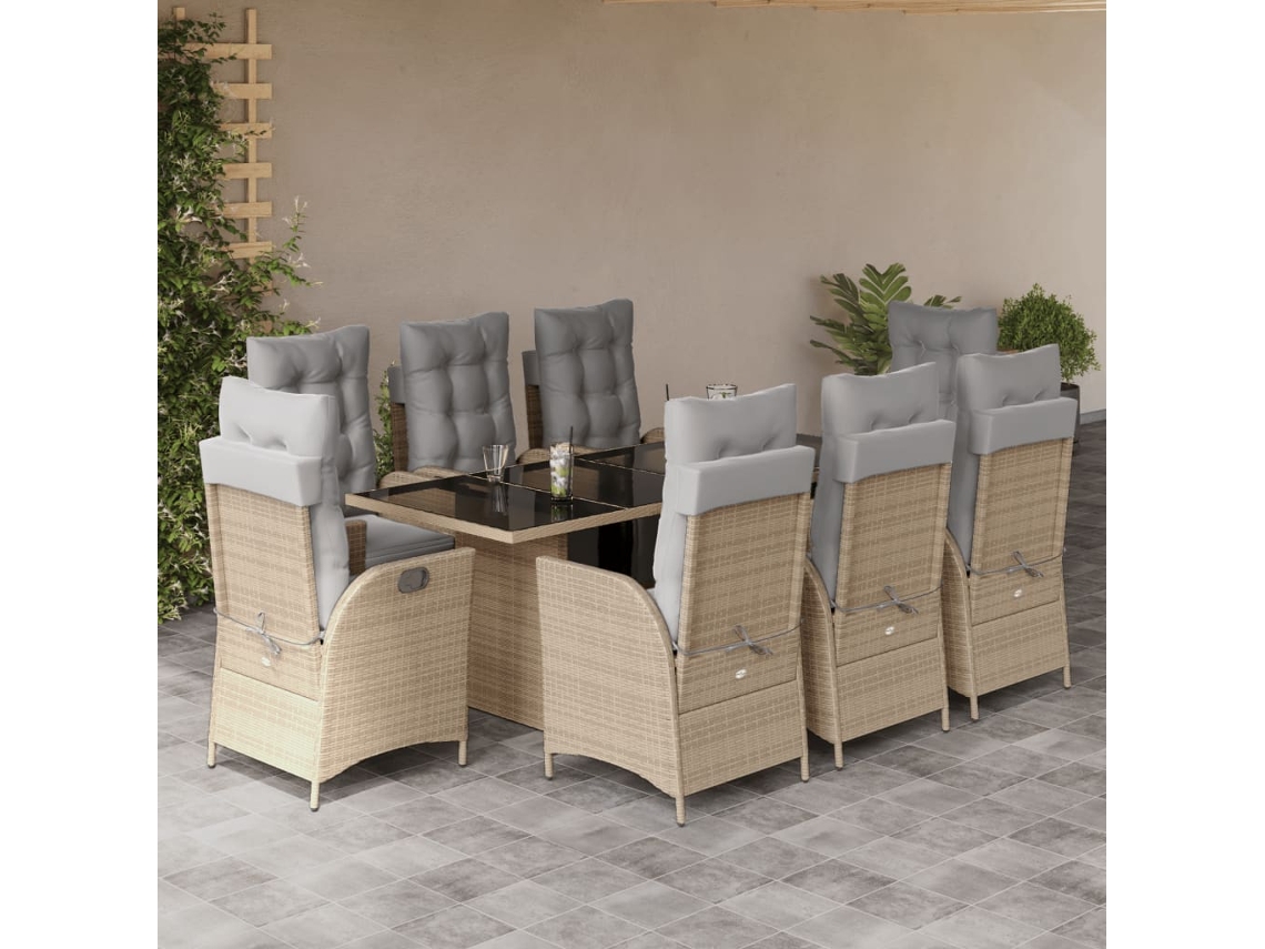 Vidaxl 9 Pcs Conj. Jantar Jardim C/ Almofadões Vime Pe Bege Misturado