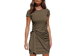 Vestido Bodycon De Verão Com Gola Redonda, Mangas Curtas E Cinto Amarrado - Ideal Para Ocasiões Casuais E Festas Verde Escuro
