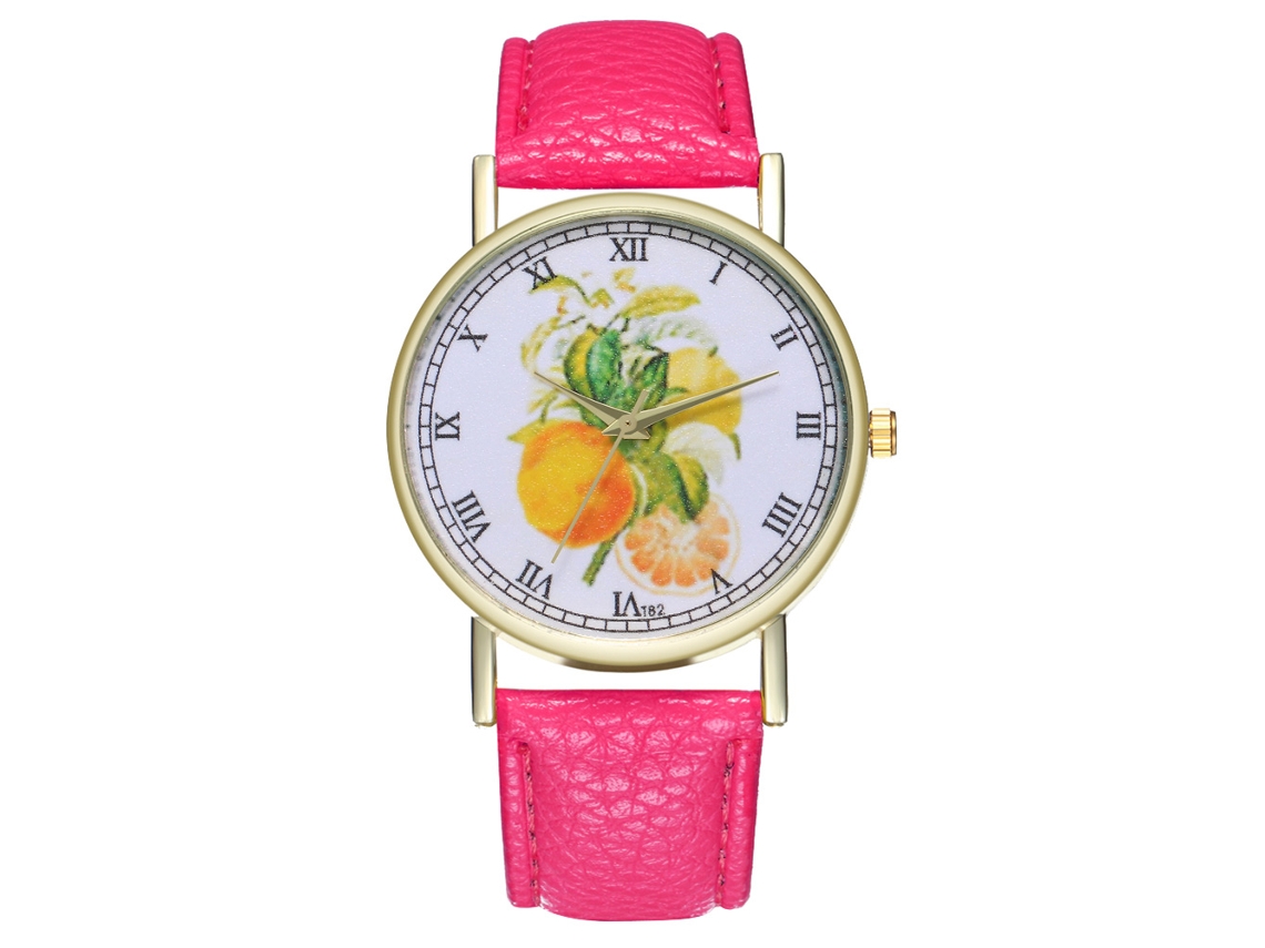 Reloj De Pulsera De Cuero Con Patrón De Frutas Moda Quartz Unisex (rojo Rosa)