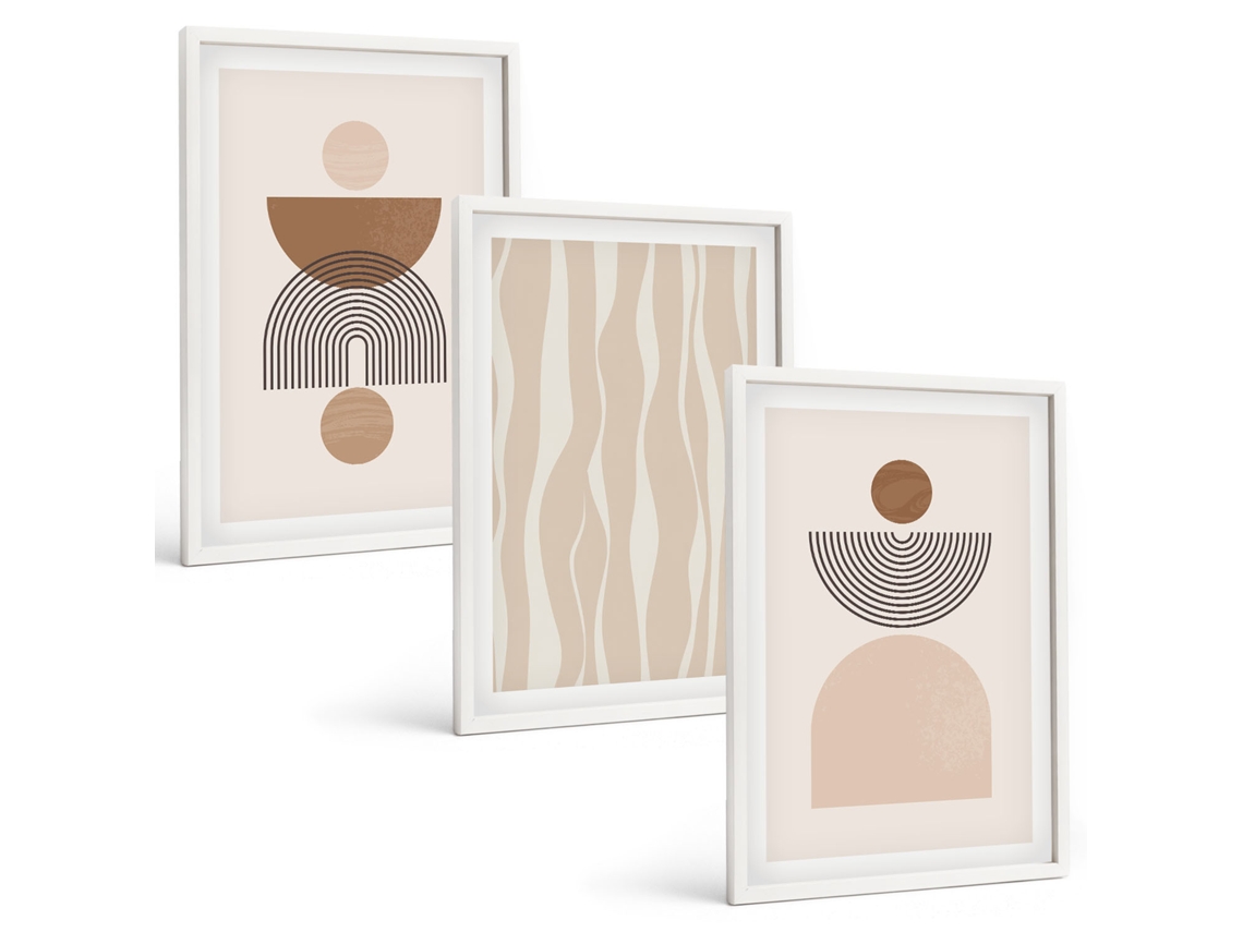 Composição De Quadros Formas Abstratas Em Marrom E Bege Moldura Branca Quadros Para O Escritório Espelharte (3 Piezas De 40x60 Cm)