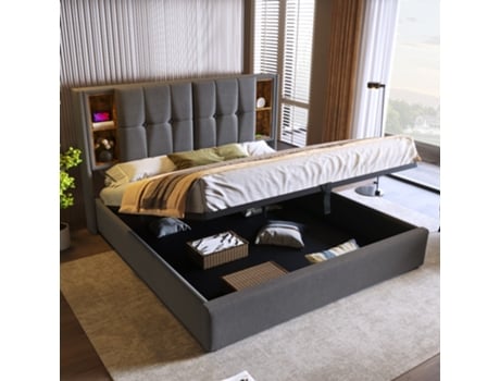 Cama De Casal Estofada 160x200 Cm, Algodão Cinzento (colchão Não Incluído)