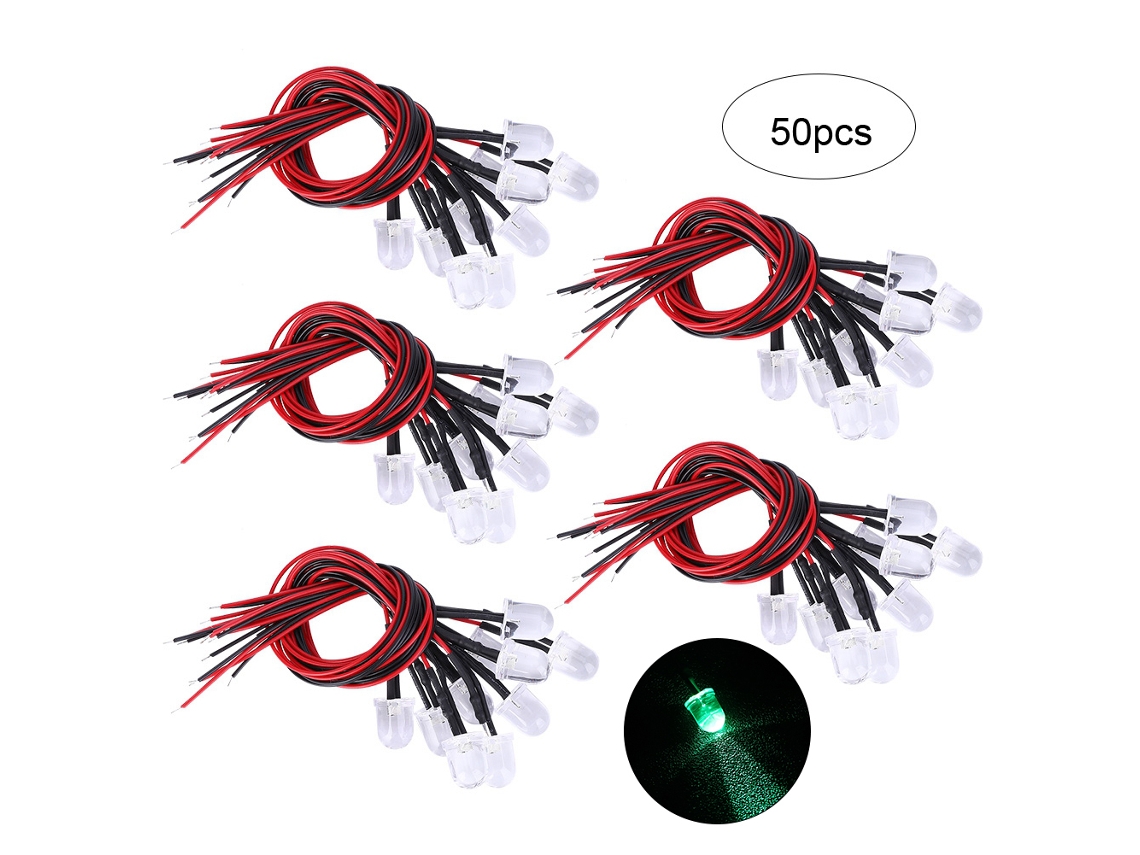 50 Peças de Diodo Led Pré cabos 12v 10mm Cabeça Redonda Verde Esmeralda para Acessório de Luz Diy