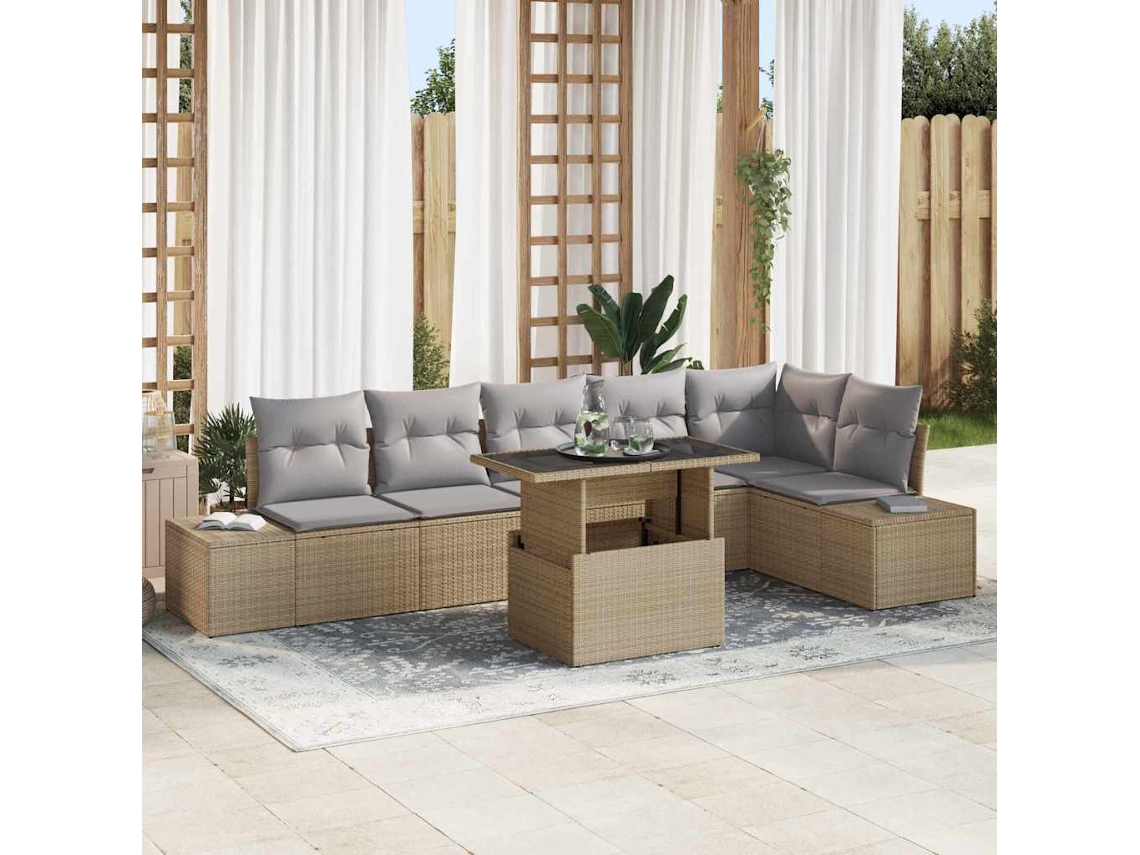 Vidaxl Conjunto De Sofá De Jardim 7 Unid. Bege Vime Pe