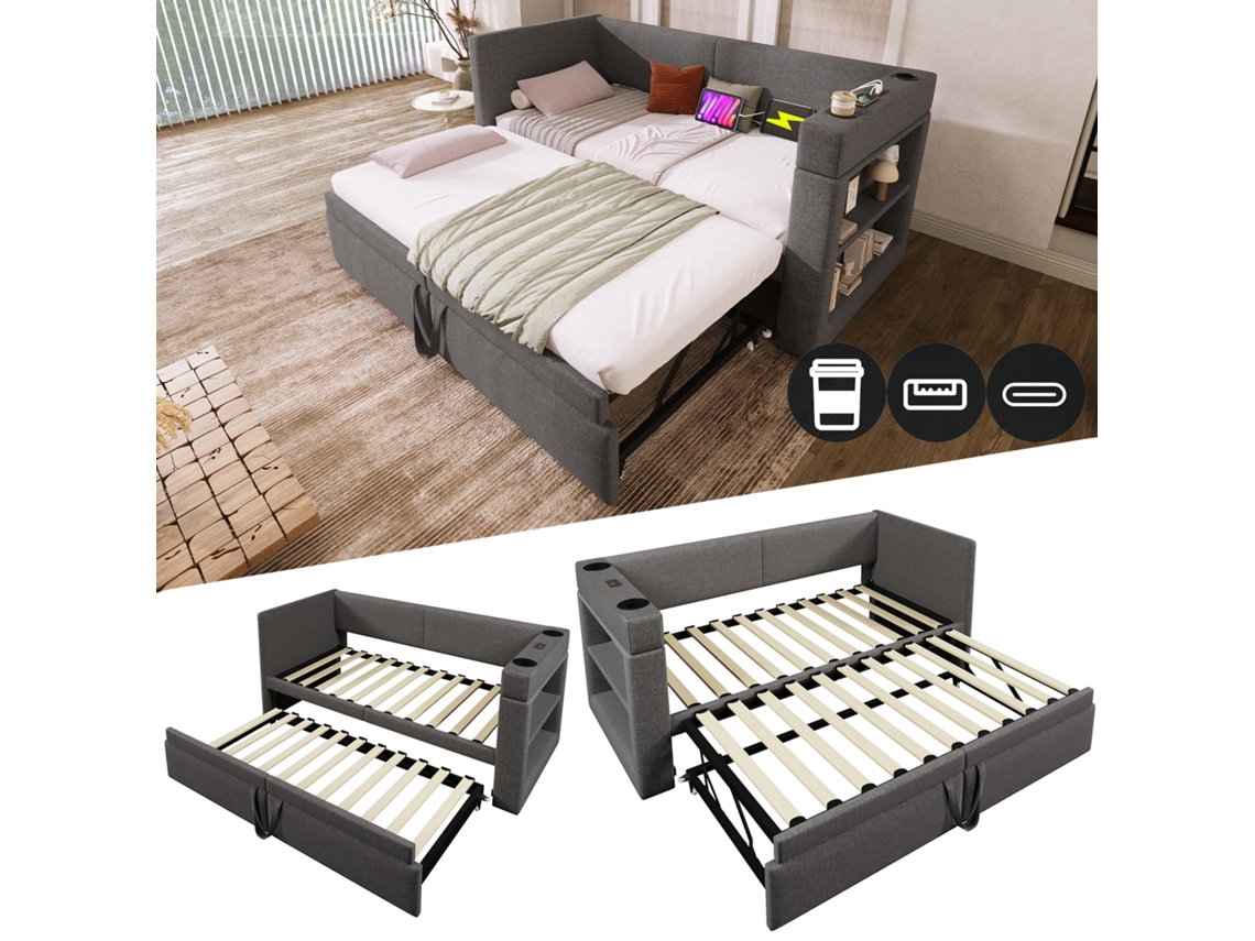 Cama Dia Cinza 90x200cm Estofada, Sofá-cama, Usb-c, Porta-copos, Linho (s/ Colchão). -op