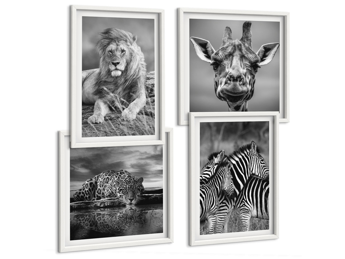 Composição De Quadros Animais Em Preto E Branco Natureza Espelharte (4 Peças)