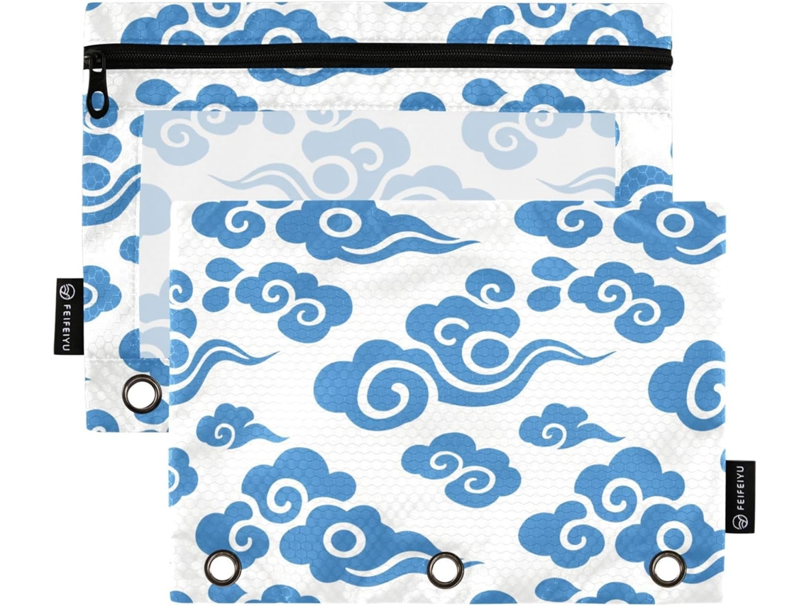 Pasta chinesa com estampa de símbolos auspiciosos em branco e azul, porta-lápis transparente com minas variadas e 3 argolas.