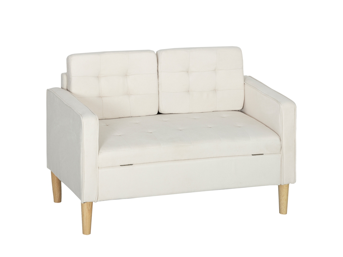 Sofá 2 Lugares Armazenamento MARCA, creme, 117x62x78 cm, encosto tufado, pernas de madeira