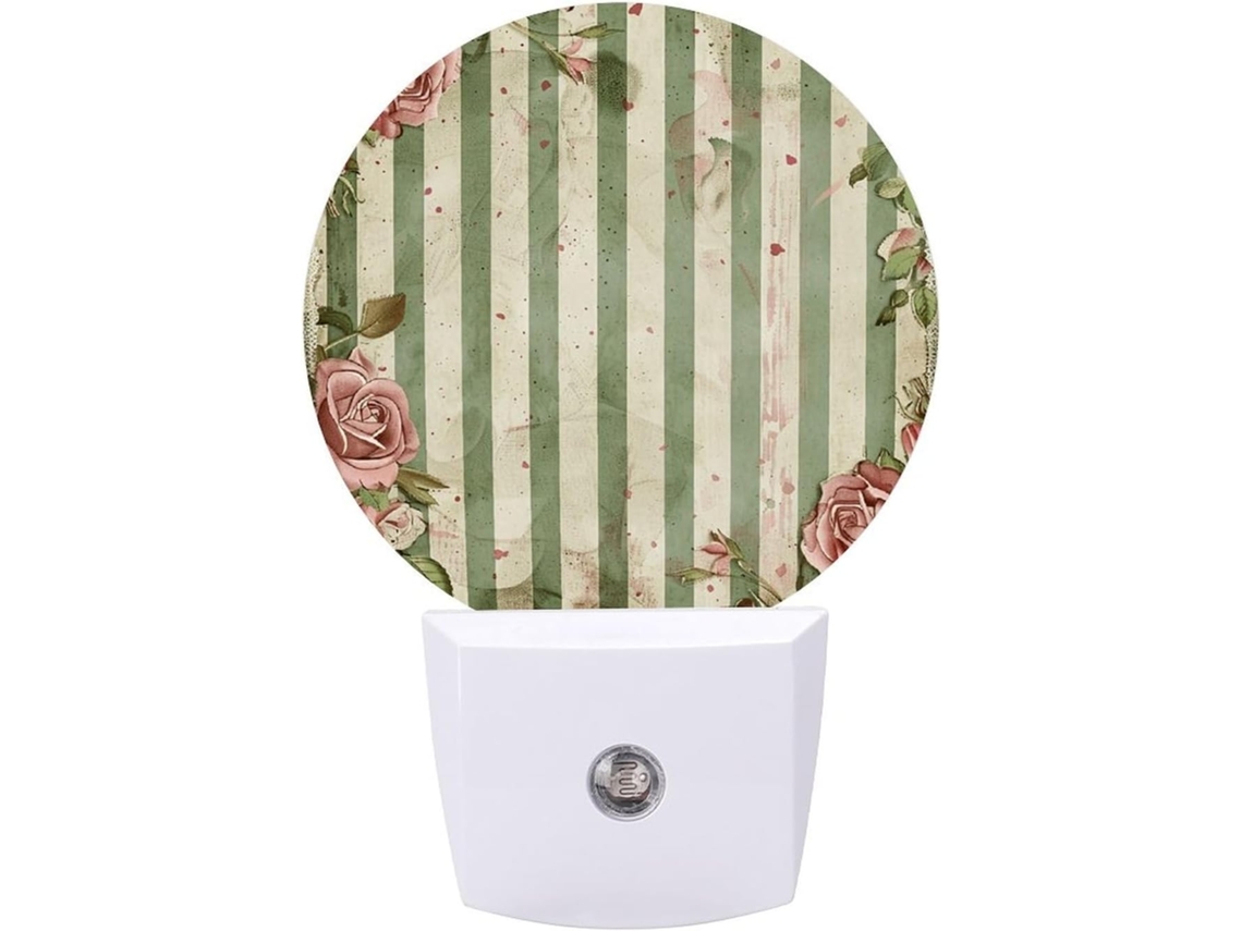 Luminária de parede noturna com rosas e plantas verdes, com sensor de LED, luz noturna branca e suave.