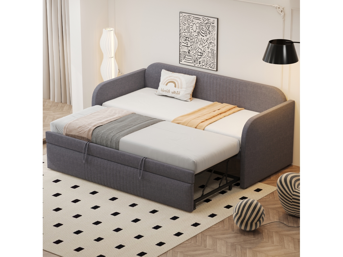 Sofá-cama 90/180x190 Linho Cinza Ripas Multifuncional Listrado